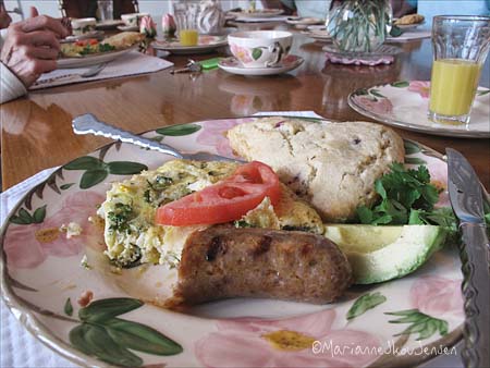 omlet, sweet sausage, avocado and a yummy scone!